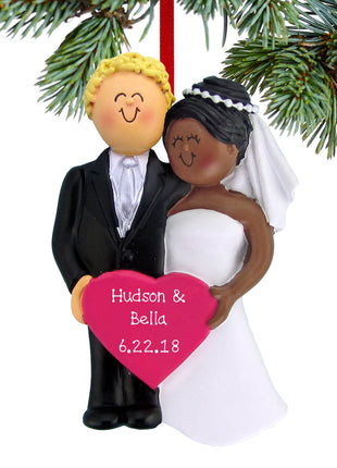 Bride and Groom Holding A Pink Heart Personalized  Ornament - ORNAMENT SHOP