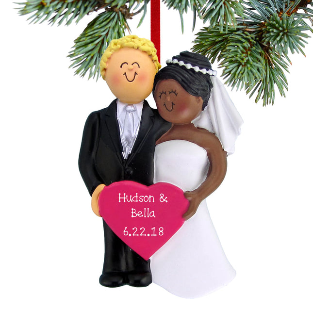 Bride and Groom Holding A Pink Heart Personalized Ornament
