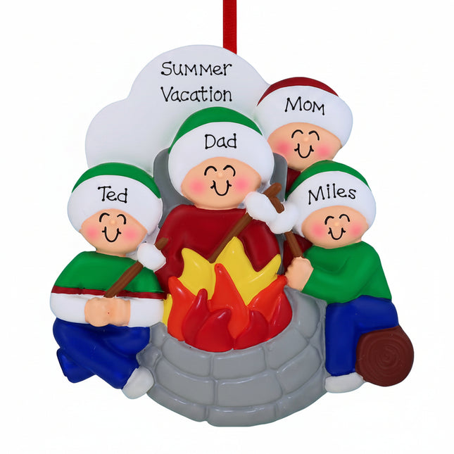 Personalized Christmas ornament featuring a family gathered around a fire pit, customizable with 2, 3, 4, 5, or 6 names.