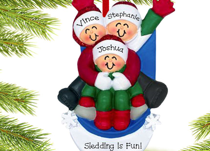 engraved personalized family of 3 sledding christmas ornament – Christmas ornament, holiday tree decoration or gift