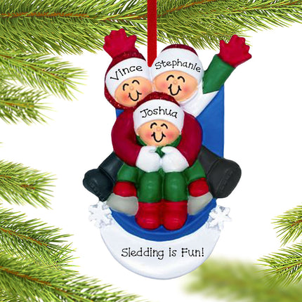 engraved personalized family of 3 sledding christmas ornament – Christmas ornament, holiday tree decoration or gift