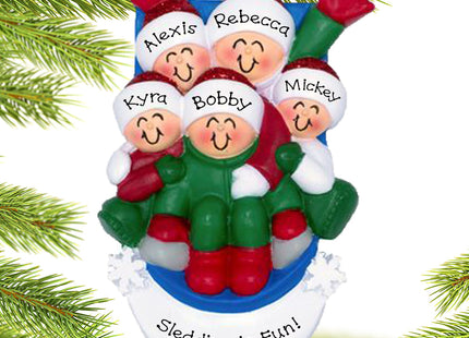 holiday personalized family of 5 sledding christmas ornament – Christmas ornament, holiday tree decoration or gift