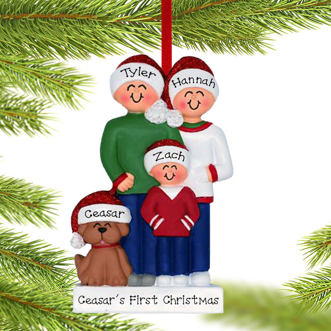 custom personalized family of 3 with brown dog christmas ornament – Christmas ornament, holiday tree decoration or gift