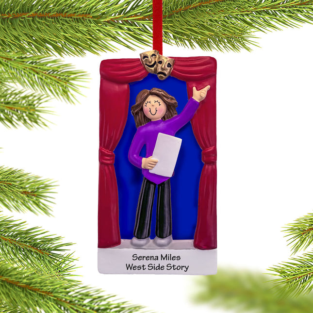 engraved personalized actor on stage female brunette christmas ornament – Christmas ornament, holiday tree decoration or gift