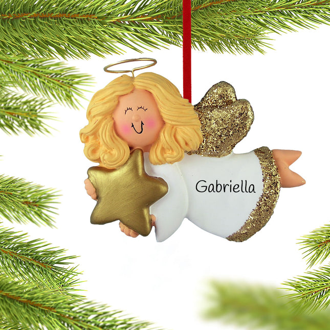 engraved personalized angel with gold star - girl christmas ornament – Christmas ornament, holiday tree decoration or gift