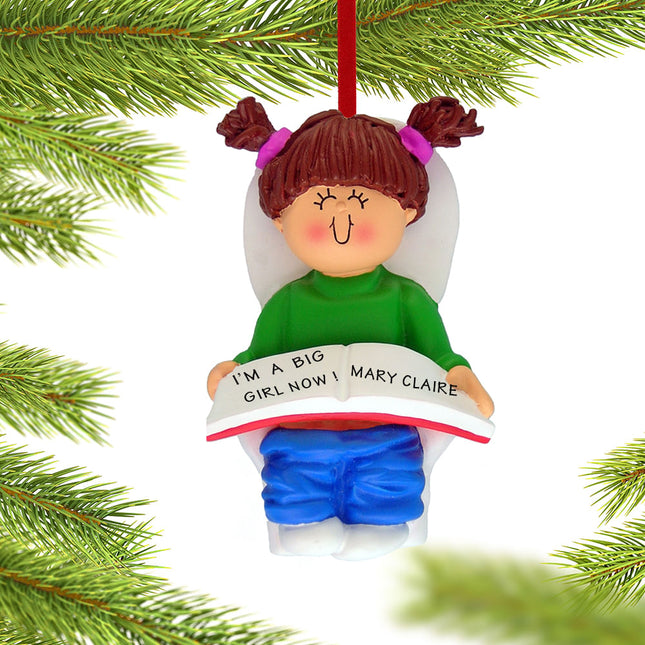 Personalized potty training ornament brunette girl milestone keepsake