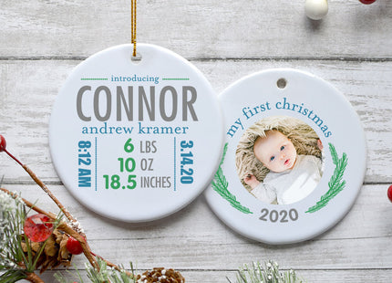 engraved personalized birth stats boy photo christmas ornament – Christmas ornament, holiday tree decoration or gift