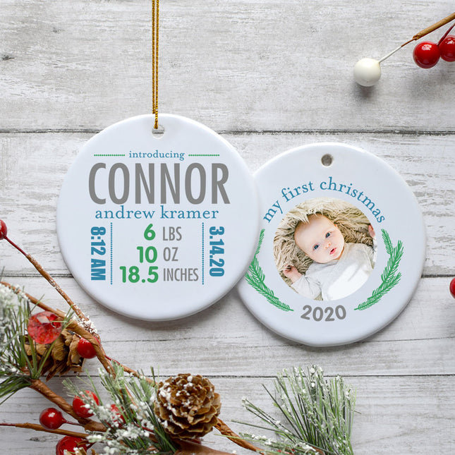 engraved personalized birth stats boy photo christmas ornament – Christmas ornament, holiday tree decoration or gift