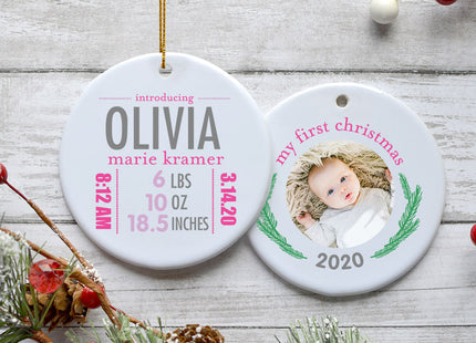 custom personalized birth stats girl photo christmas ornament – Christmas ornament, holiday tree decoration or gift