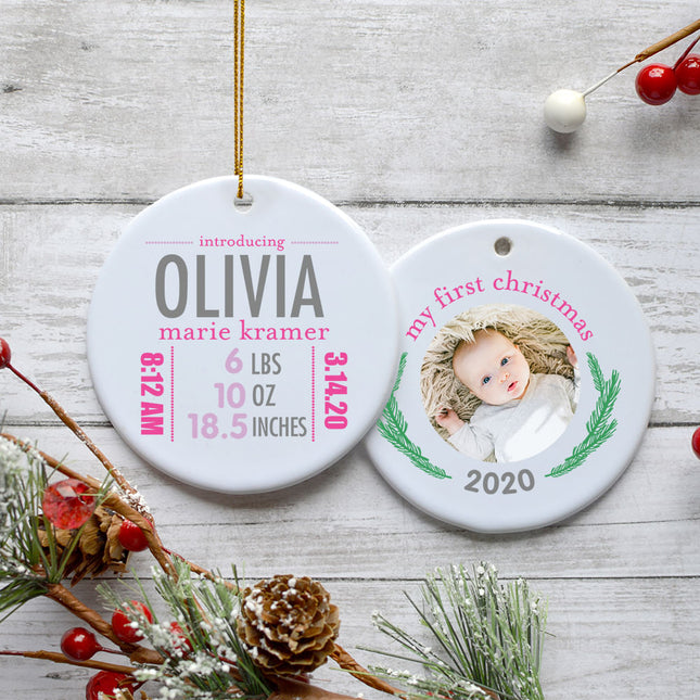 custom personalized birth stats girl photo christmas ornament – Christmas ornament, holiday tree decoration or gift