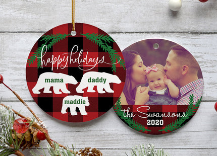 engraved personalized plaid bear family of 4 christmas ornament – Christmas ornament, holiday tree decoration or gift