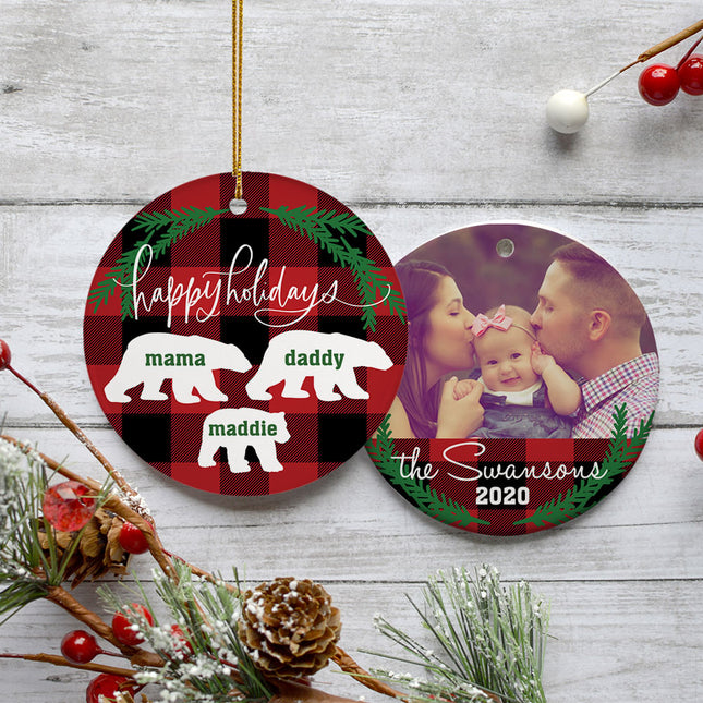 engraved personalized plaid bear family of 4 christmas ornament – Christmas ornament, holiday tree decoration or gift