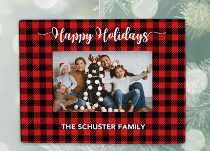decorative personalized plaid happy holidays family picture frame photo ornament – Christmas ornament, holiday tree decoratio