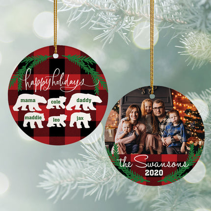 engraved personalized plaid bear family of 6 christmas ornament – Christmas ornament, holiday tree decoration or gift