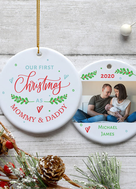 "First Christmas as Mommy & Daddy" Family Personalized Ceramic Round Photo Ornament - ORNAMENT EXCLUSIVE Personalized Ornament