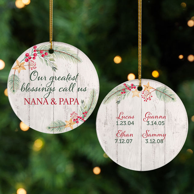 Grandkids Greatest Blessing Personalized Ceramic Round Ornament - 3, 4, 5, 6, 7, 8, 9 Family Members