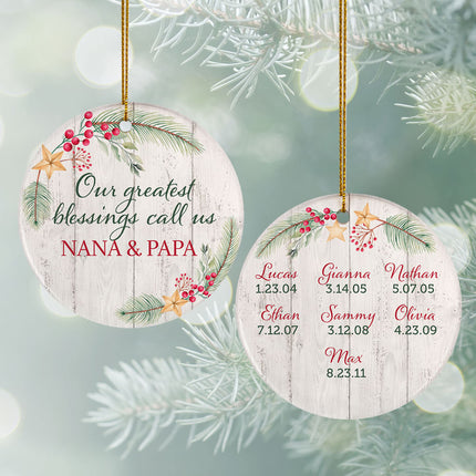 Grandkids Greatest Blessing Personalized Ceramic Round Ornament - 3, 4, 5, 6, 7, 8, 9 Family Members