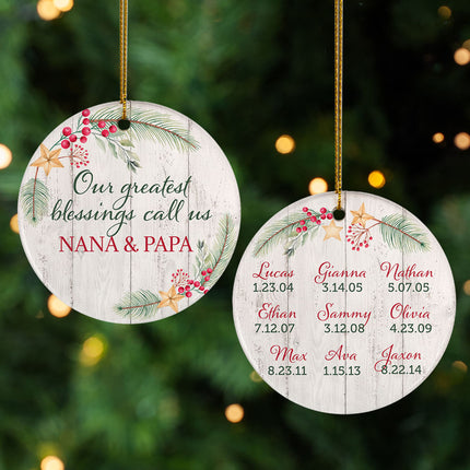 Grandkids Greatest Blessing Personalized Ceramic Round Ornament - 3, 4, 5, 6, 7, 8, 9 Family Members