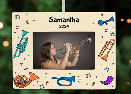 engraved personalized horns picture frame photo ornament – Christmas ornament, holiday tree decoration or gift