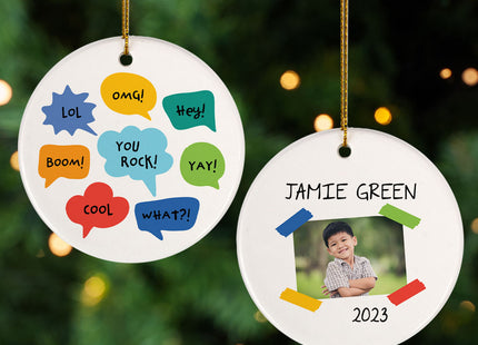custom personalized speech bubble boy with photo christmas ornament – Christmas ornament, holiday tree decoration or gift