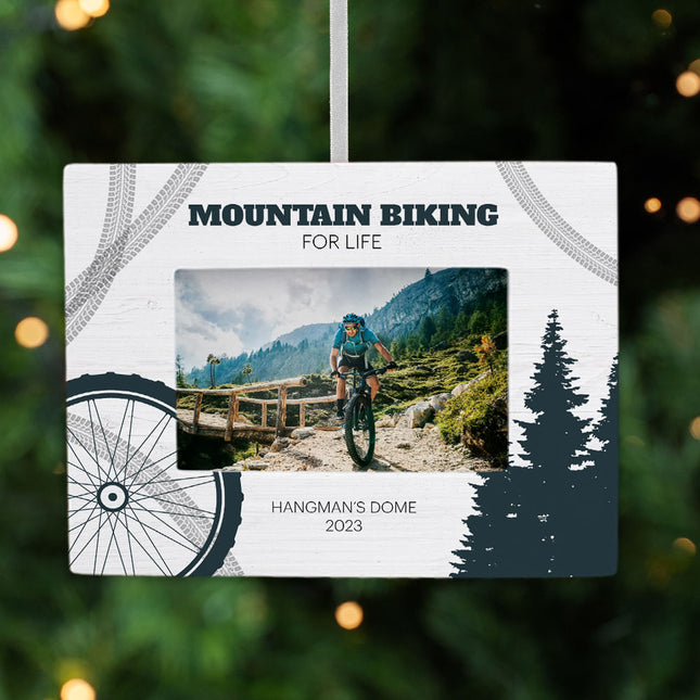 personalized personalized mountain biking picture frame photo ornament – Christmas ornament, holiday tree decoration or gift