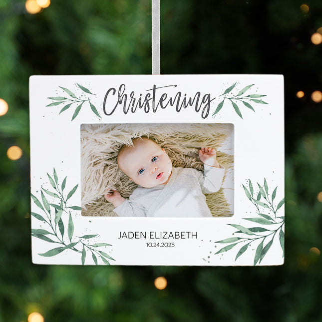 custom personalized christening picture frame photo ornament – Christmas ornament, holiday tree decoration or gift