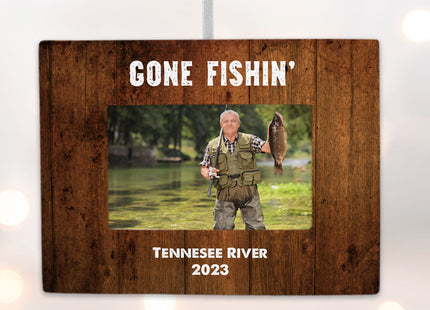 engraved personalized gone fishin picture frame photo ornament – Christmas ornament, holiday tree decoration or gift