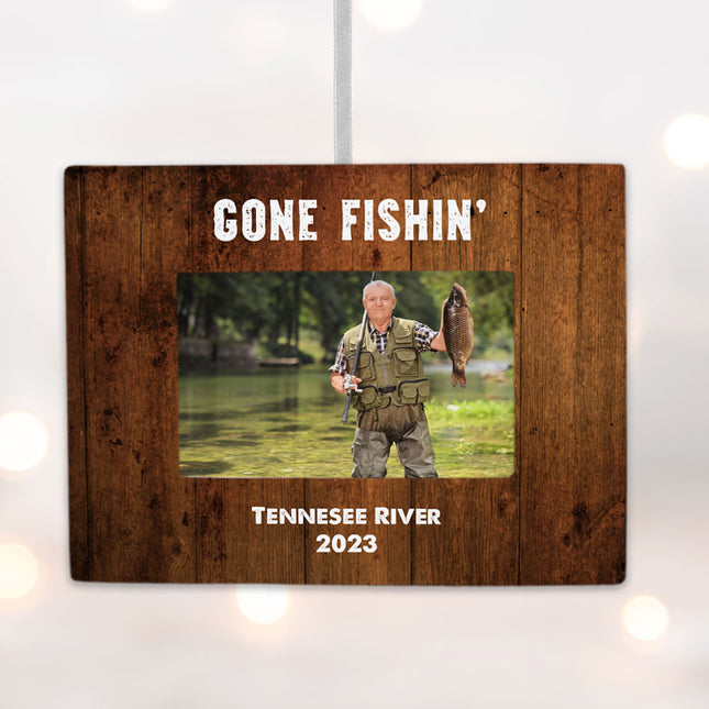 engraved personalized gone fishin picture frame photo ornament – Christmas ornament, holiday tree decoration or gift