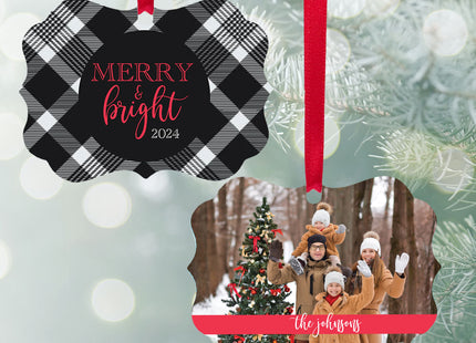 holiday personalized merry & bright red or black plaid christmas ornament – Christmas ornament, holiday tree decoration or gi