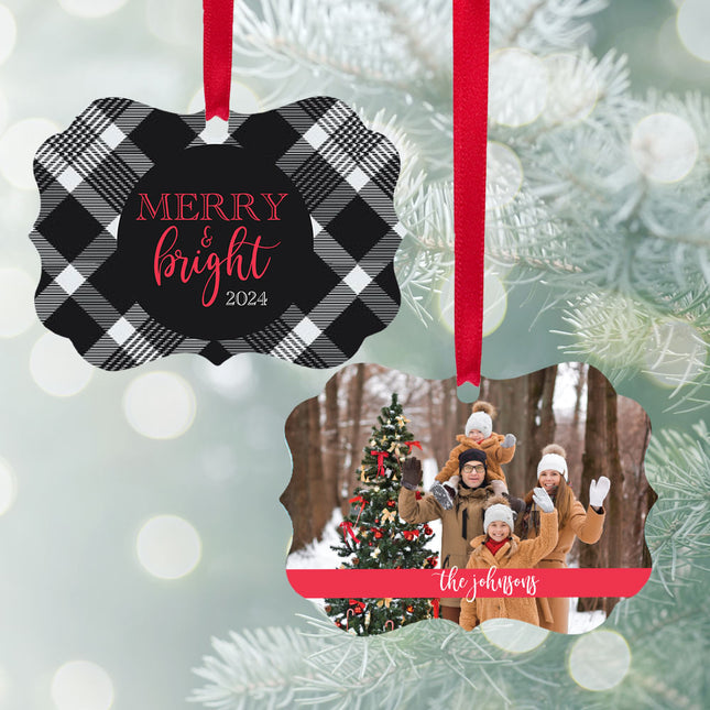holiday personalized merry & bright red or black plaid christmas ornament – Christmas ornament, holiday tree decoration or gi