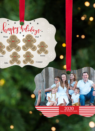"Happy Holidays" Personalized Gingerbread Family Photo Ornament - 3, 4, 5, or 6