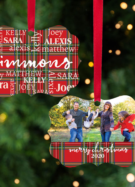 "Merry Christmas" Family Plaid Word Cloud Personalized Photo Ornament