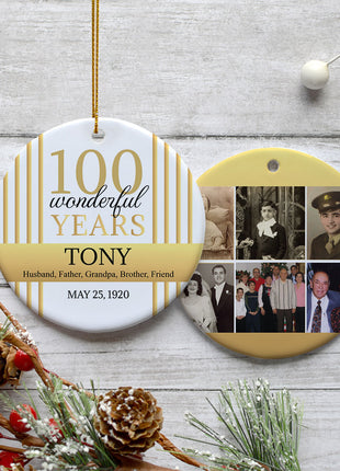 100th Birthday Collage Personalized Ceramic Round Photo Ornament - ORNAMENT EXCLUSIVE Personalized Ornament
