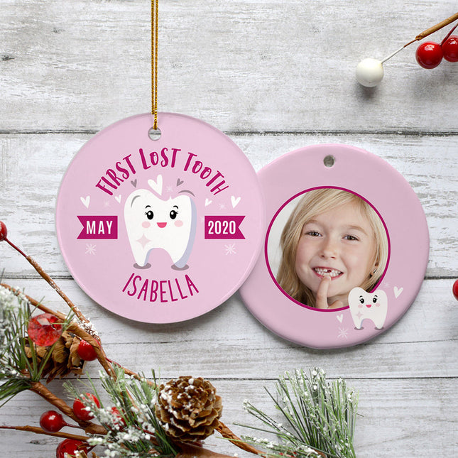 engraved personalized lost tooth girl photo christmas ornament – Christmas ornament, holiday tree decoration or gift