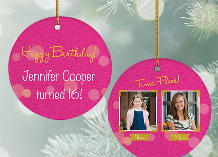 decorative personalized birthday then and now pink christmas ornament – Christmas ornament, holiday tree decoration or gift