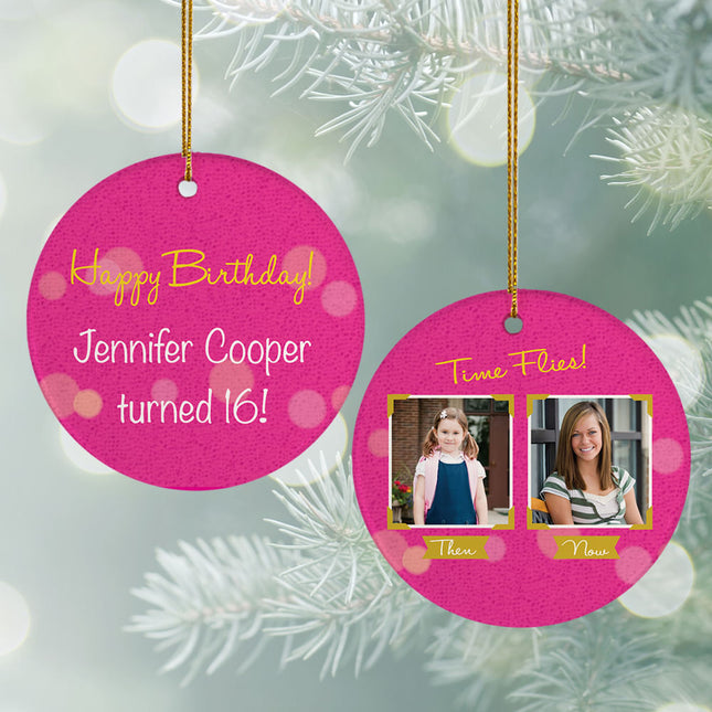 decorative personalized birthday then and now pink christmas ornament – Christmas ornament, holiday tree decoration or gift