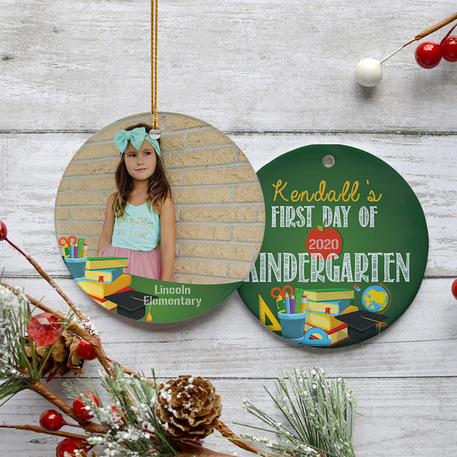 engraved personalized first day of kindergarten photo christmas ornament – Christmas ornament, holiday tree decoration or gif