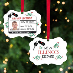 personalized new driver license photo ornament with custom photo, name, birth date and issue date on metal ornament