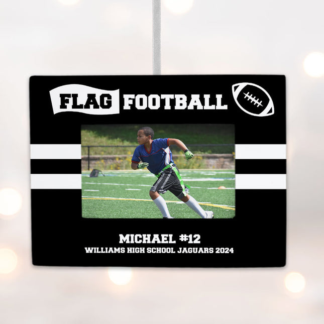 holiday personalized flag football picture frame photo ornament – Christmas ornament, holiday tree decoration or gift