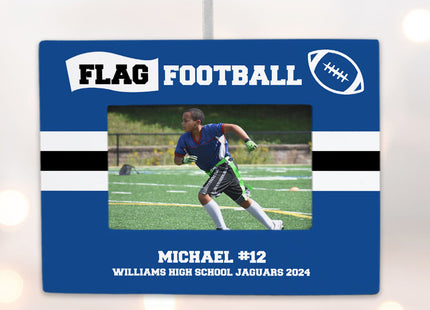 engraved personalized flag football picture frame photo ornament – Christmas ornament, holiday tree decoration or gift