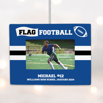 engraved personalized flag football picture frame photo ornament – Christmas ornament, holiday tree decoration or gift