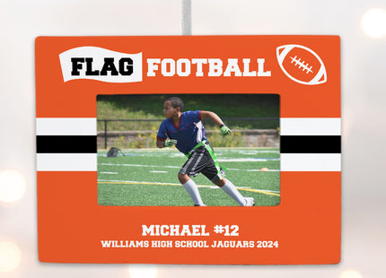 engraved personalized flag football picture frame photo ornament – Christmas ornament, holiday tree decoration or gift