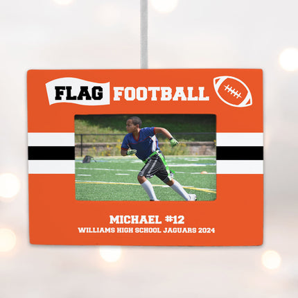 engraved personalized flag football picture frame photo ornament – Christmas ornament, holiday tree decoration or gift