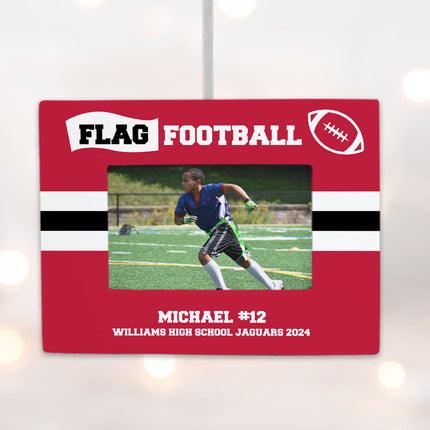 holiday personalized flag football picture frame photo ornament – Christmas ornament, holiday tree decoration or gift