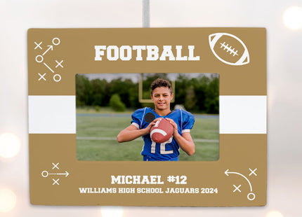 engraved personalized football picture frame photo ornament – Christmas ornament, holiday tree decoration or gift
