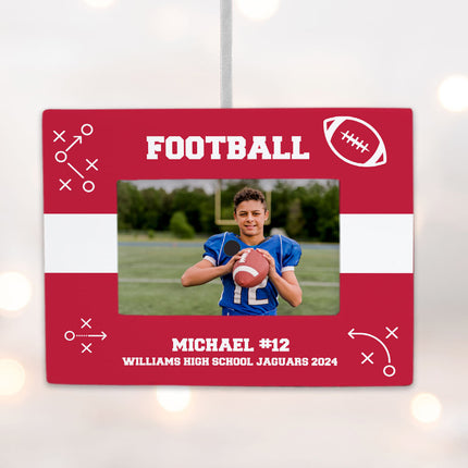 engraved personalized football picture frame photo ornament – Christmas ornament, holiday tree decoration or gift