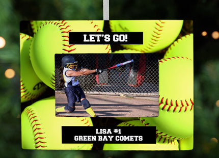 custom personalized softball picture frame photo ornament – Christmas ornament, holiday tree decoration or gift