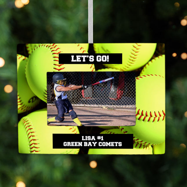 custom personalized softball picture frame photo ornament – Christmas ornament, holiday tree decoration or gift
