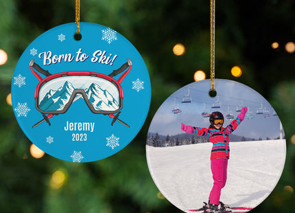 holiday personalized born to ski christmas ornament – Christmas ornament, holiday tree decoration or gift
