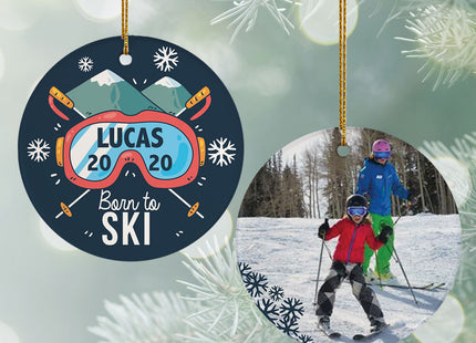 holiday personalized born to ski christmas ornament – Christmas ornament, holiday tree decoration or gift